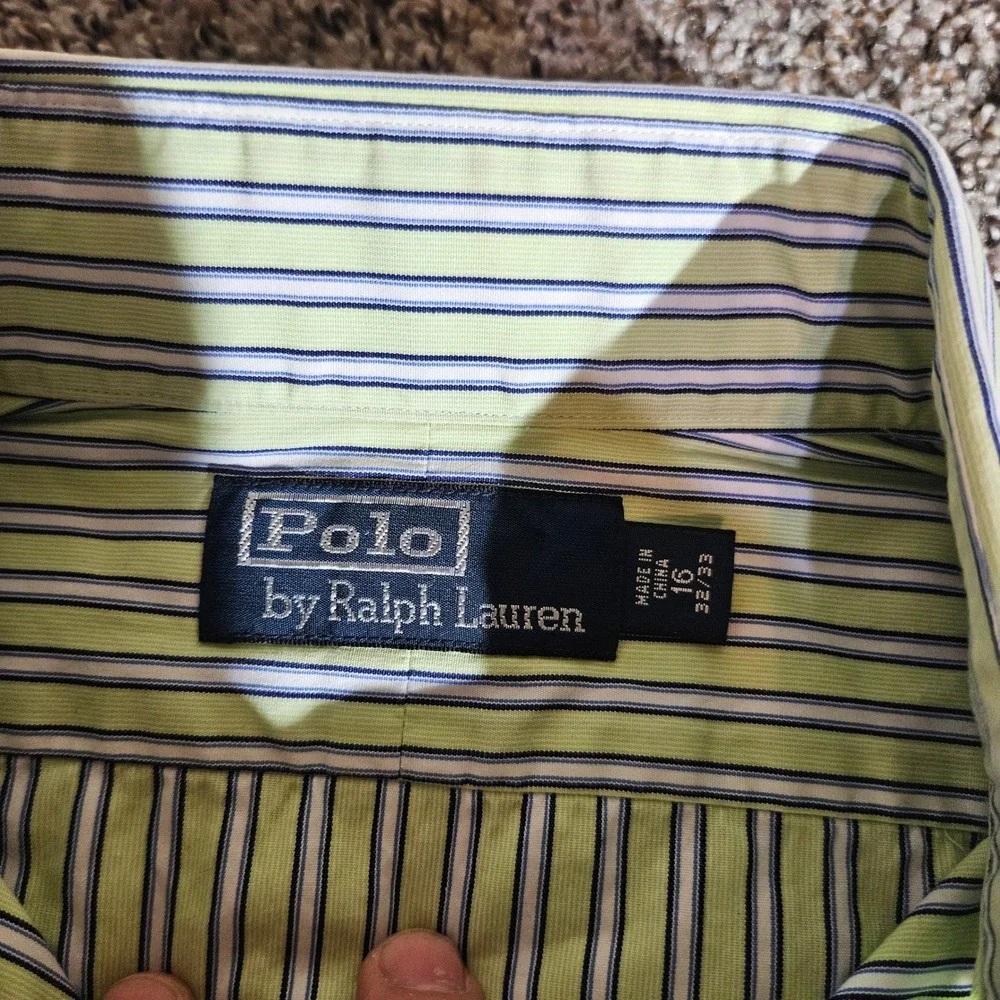 Polo Ralph Lauren Mens Dress Shirt 16 32/33 Green Blue Striped Button Down L/S